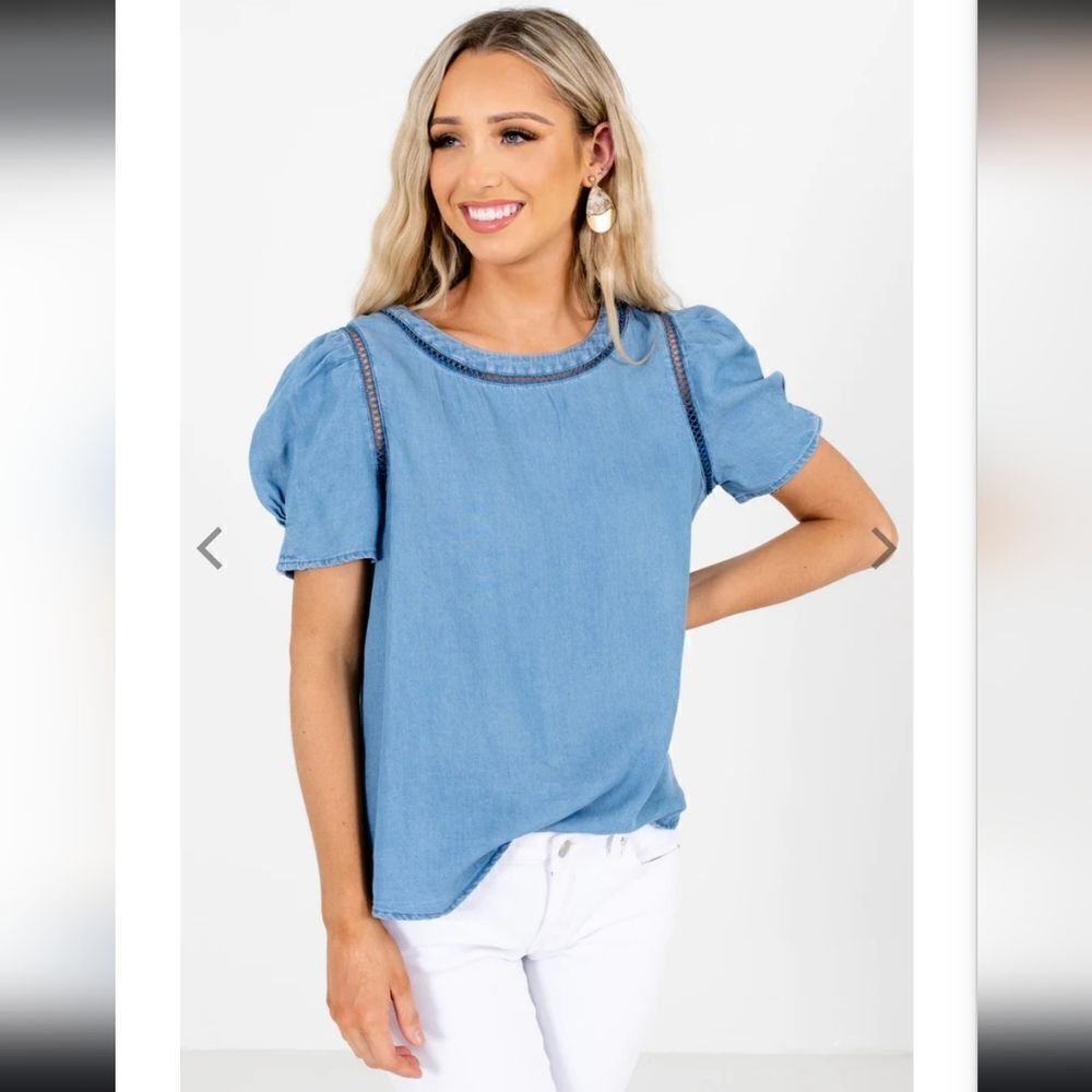 Perch by Blu Pepper Blue Chambray Top Short Sleeve Back Buttons Size 2XL
